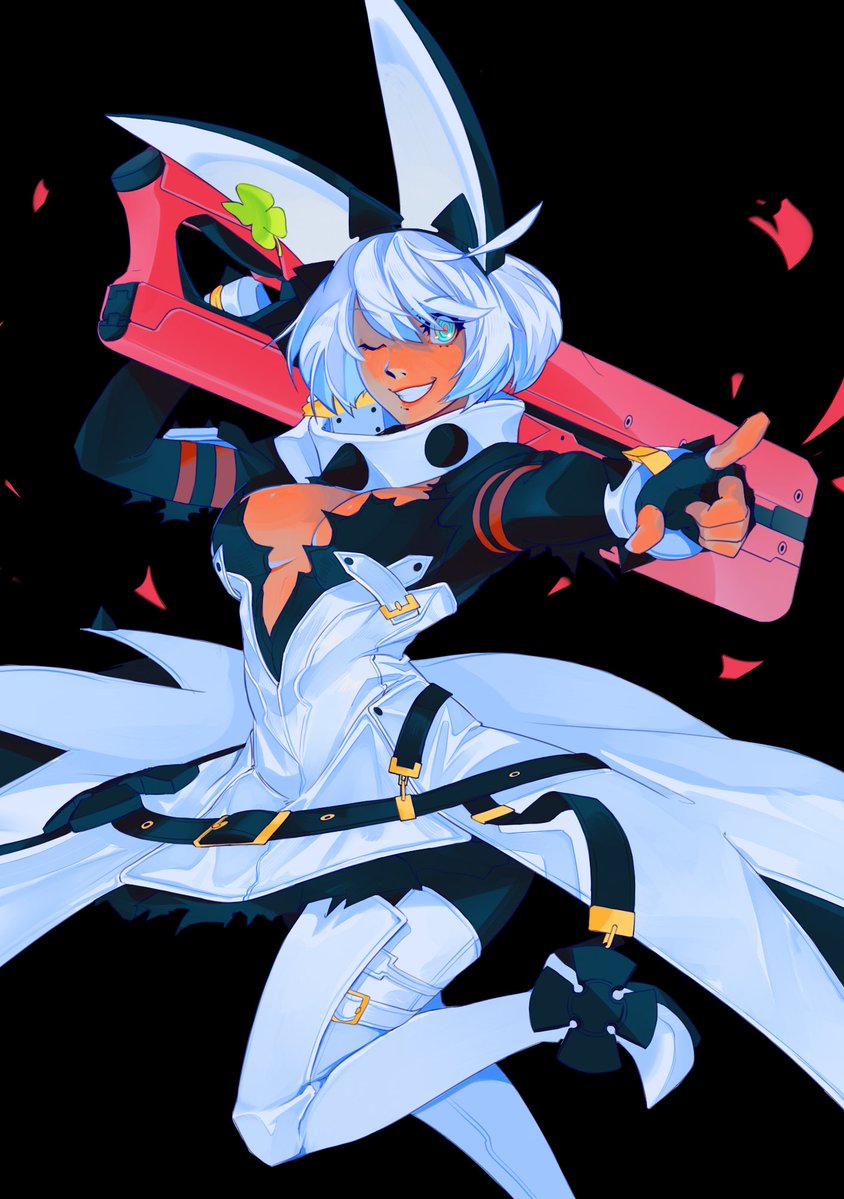 1girl ahoge animal_ears black_gloves blue_eyes borcheim bracelet breasts cleavage cleavage_cutout clothing_cutout clover collar dress elphelt_valentine fingerless_gloves four-leaf_clover gloves guilty_gear guilty_gear_xrd gun hairband holding holding_gun holding_weapon huge_ahoge jewelry large_breasts long_sleeves looking_at_viewer one_eye_closed petals short_hair smile spiked_bracelet spiked_collar spiked_hairband spikes weapon white_dress white_hair