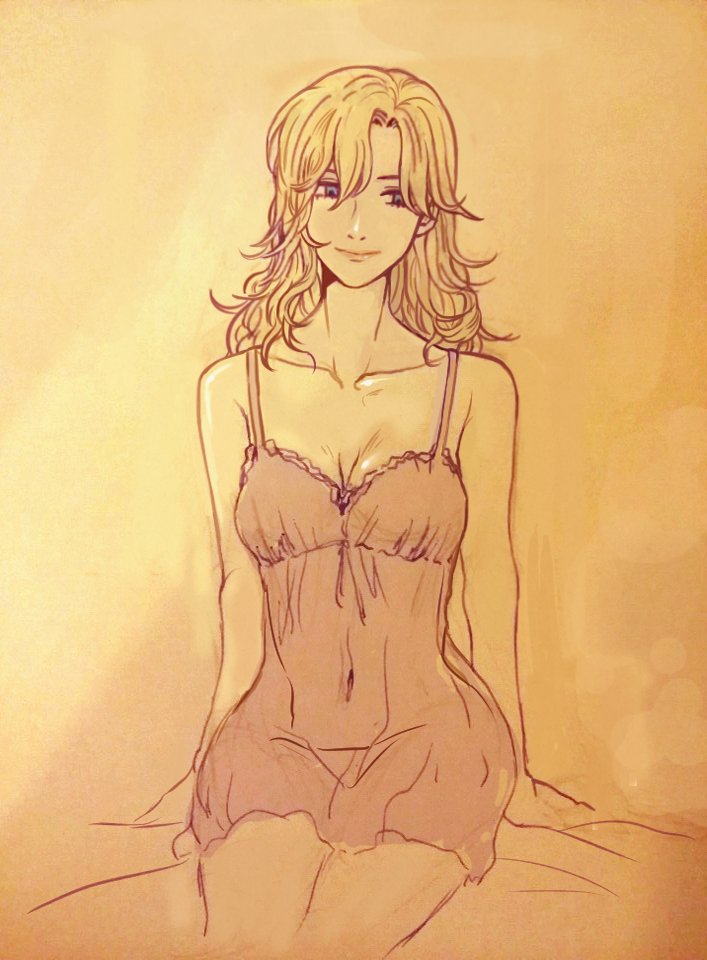 1girl alternate_hairstyle arms_at_sides bad_id bad_twitter_id bare_shoulders bed blonde_hair blue_eyes bosong_beoseot breasts chemise cleavage closed_mouth collarbone covered_navel female_focus gradient_background hair_down lingerie lips long_hair medium_breasts mercy_(overwatch) nightgown on_bed overwatch overwatch_1 pink_lips sitting smile solo underwear