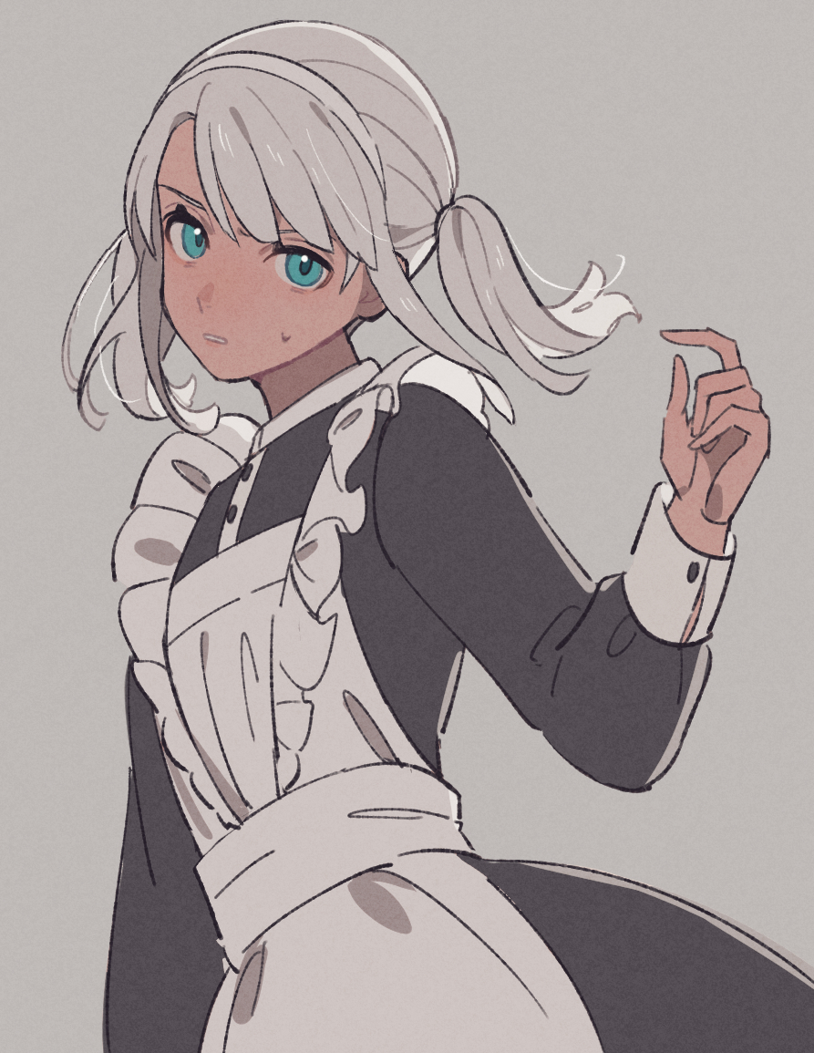 1boy alternate_costume apron arm_at_side black_dress blue_eyes crossdressing dark-skinned_male dark_skin dress enmaided frilled_apron frills grey_background grey_hair gundam hairband hand_up laura_rolla long_hair long_sleeves looking_at_viewer loran_cehack maid male_focus male_maid namihaya parted_lips simple_background sleeve_cuffs solo sweat trap turn_a_gundam twintails white_apron white_hairband
