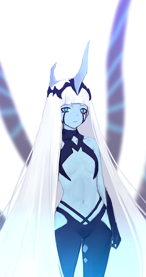 001_(darling_in_the_franxx) 1girl blue_eyes blue_skin closed_mouth colored_skin covered_navel darling_in_the_franxx flat_chest horns long_hair looking_at_viewer single_horn siun solo tentacles very_long_hair white_hair