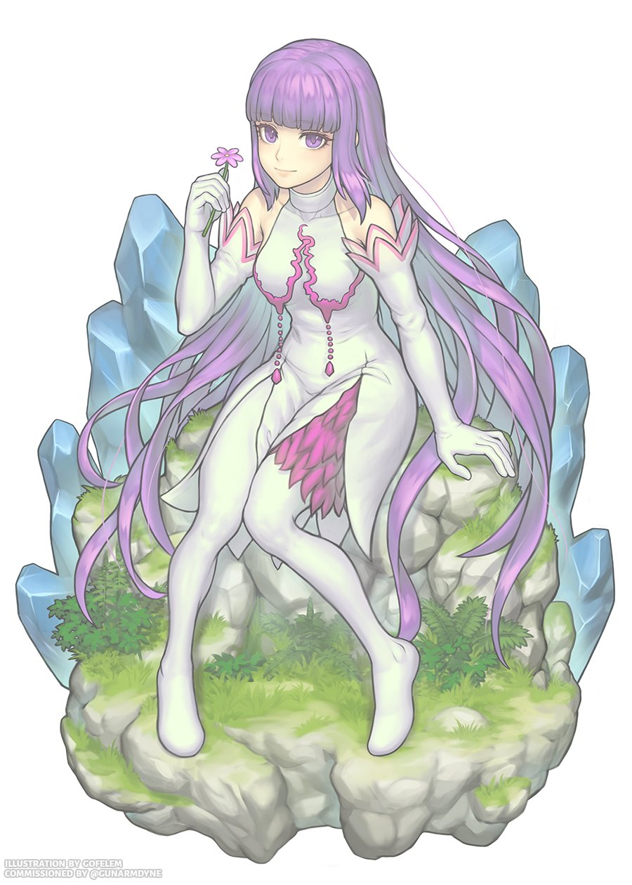 1girl alternate_costume bare_shoulders blunt_bangs commission commissioner_upload dress elbow_gloves expressionless flower gloves gofelem highres holding holding_flower jewelry official_alternate_costume plant purple_eyes purple_hair simple_background sitting sophie_(tales) tales_of_(series) tales_of_graces white_dress white_gloves