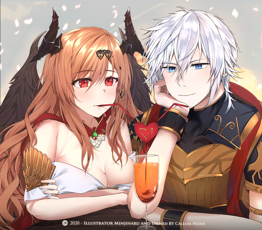 1boy 1girl armor black_horns black_shirt black_wings blue_eyes breastplate breasts brooch cleavage cup dark_angel_olivia drink drinking_straw drinking_straw_in_mouth feathered_wings granblue_fantasy horns jewelry long_hair lucifer_(shingeki_no_bahamut) male_focus minjiharu orange_hair red_eyes shared_drink shirt short_hair upper_body valentine white_hair wings