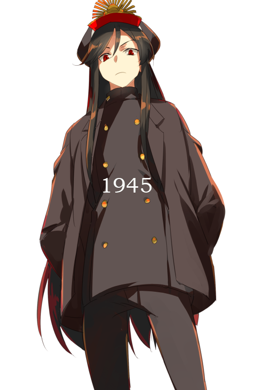 1girl black_hair black_hat black_jacket black_pants breasts buttons echo_(circa) fate/grand_order fate_(series) hands_in_pockets hat jacket koha-ace long_hair long_sleeves looking_at_viewer oda_nobunaga_(fate) oda_uri pants peaked_cap red_eyes small_breasts solo