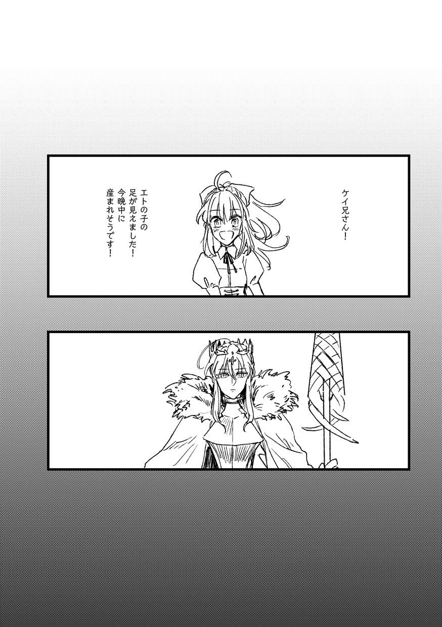 2girls armor artoria_pendragon_(fate) artoria_pendragon_(lancer)_(fate) braid braided_bun cape check_translation crown do2mi2co expressionless fate/grand_order fate_(series) fur_trim hair_bun highres king_(lancer)_(fate) looking_at_viewer multiple_girls rhongomyniad_(fate) ribbon saber_lily smile translation_request