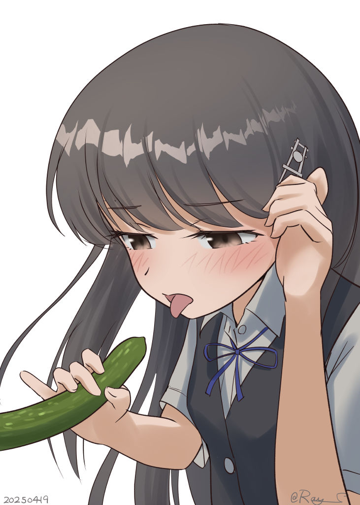 1girl black_hair black_vest blue_ribbon brown_eyes collared_shirt cucumber dress_shirt fellatio hair_ornament hairclip hayashio_(kancolle) kantai_collection long_hair mole mole_under_eye neck_ribbon one-hour_drawing_challenge oral phallic_symbol ray.s ribbon shirt simple_background simulated_fellatio solo tongue tongue_out upper_body vest white_background white_shirt