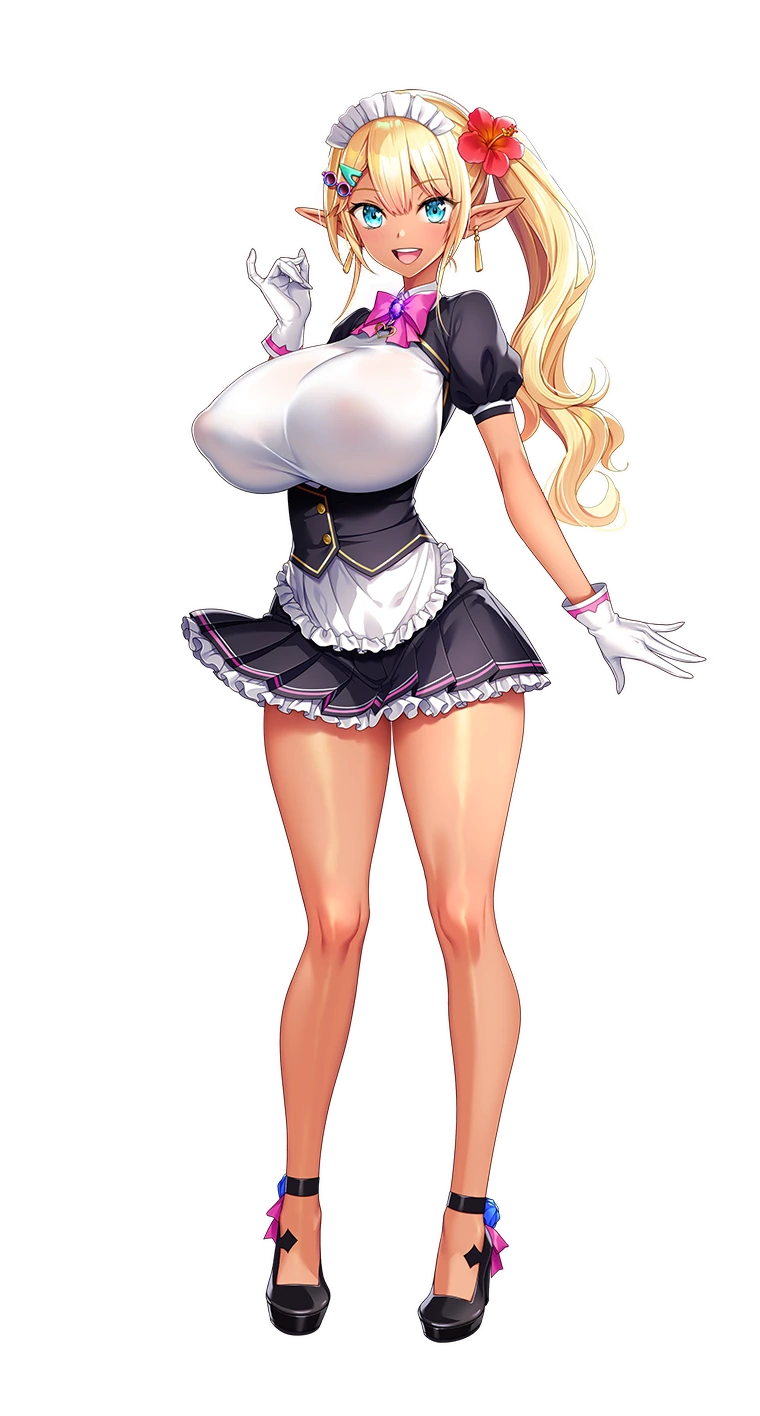 akagi_rio apron blonde_hair blue_eyes breasts dark earrings elf flower gloves gyaru hair_flower hair_ornament hairpin highres huge_breasts jewelry look-alike maid maid_apron maid_headdress milk_factory motto!_haramase!_honoo_no_oppai_isekai_oppai_maid_gakuen! myunmyun_lafleur no_socks parody pointy_ears ponytail transparent_background