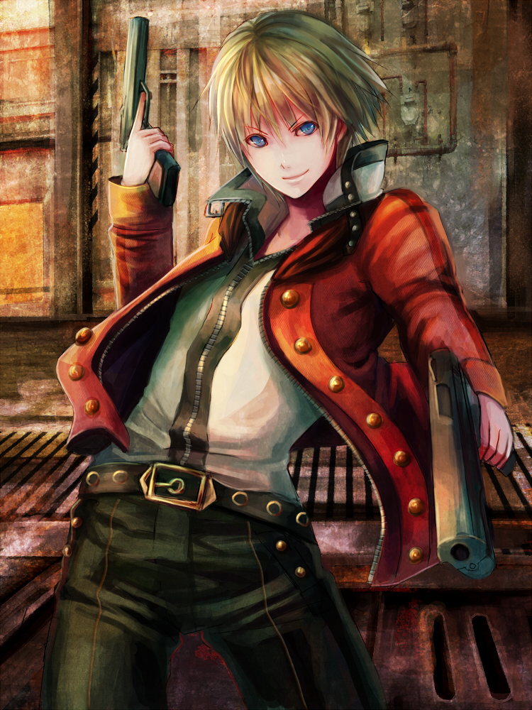 1boy belt black_pants blonde_hair blue_eyes closed_mouth commentary_request denim dual_persona end_of_eternity gun holding holding_gun holding_weapon jacket jeans open_clothes open_jacket pants red_jacket shinrin_kusaba short_hair smile smirk solo standing upper_body weapon zephyr_(end_of_eternity)