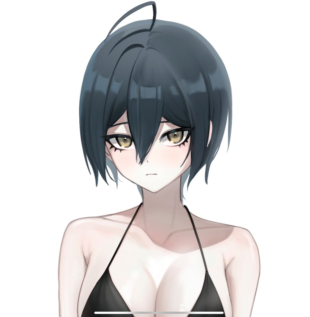 1girl ahoge bare_shoulders bikini black_bikini black_hair breasts brown_eyes closed_mouth collarbone danganronpa_(series) danganronpa_v3:_killing_harmony frown genderswap genderswap_(mtf) hair_between_eyes large_breasts looking_at_viewer nuns197 saihara_shuichi shiny_skin short_hair solo swimsuit upper_body