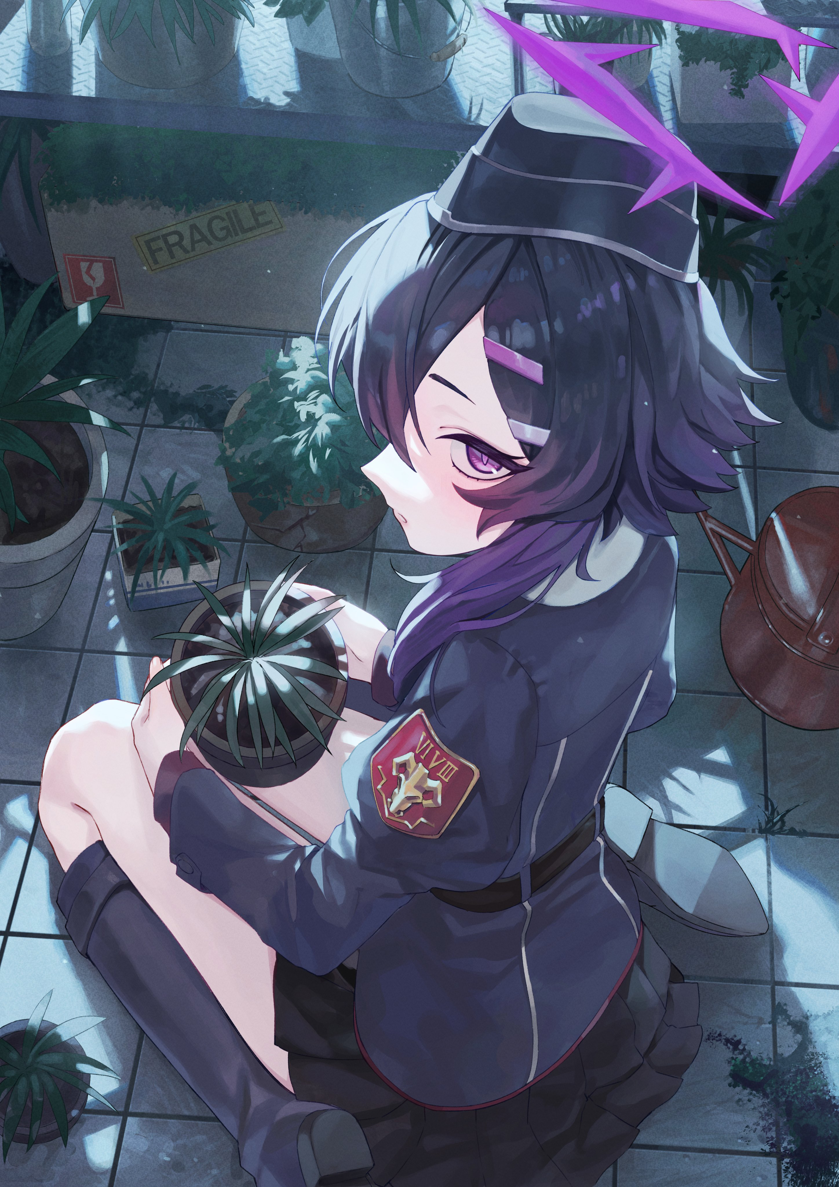 1girl absurdres black_skirt blue_archive boots flower_pot from_side garrison_cap hair_ornament hairclip halo haruka_(blue_archive) hat highres knee_boots leaf long_sleeves looking_at_viewer nefula14 plant potted_plant purple_eyes purple_hair purple_halo sitting skirt solo squatting thighs wariza