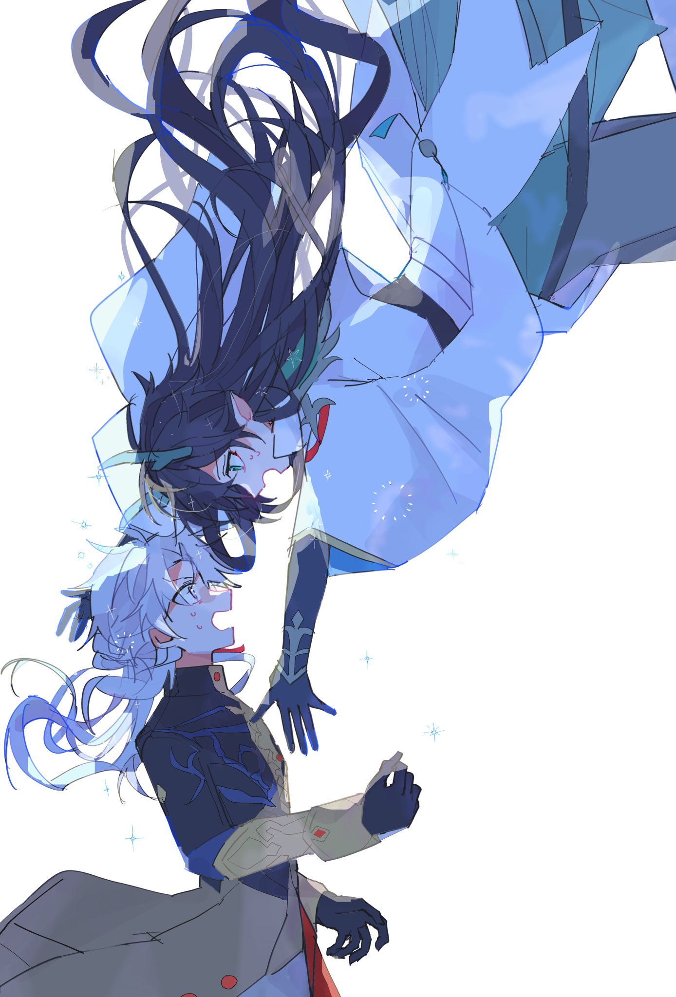 2boys backlighting black_coat black_gloves black_hair blade_(honkai:_star_rail) coat commentary_request dan_feng_(honkai:_star_rail) dan_heng_(honkai:_star_rail) dan_heng_(imbibitor_lunae)_(honkai:_star_rail) dragon_horns falling from_side gloves green_eyes highres honkai:_star_rail honkai_(series) horns j96s5k long_hair looking_up male_focus multiple_boys nervous red_eyes simple_background sparkle surprised white_background white_coat white_hair wide-eyed yingxing_(honkai:_star_rail)