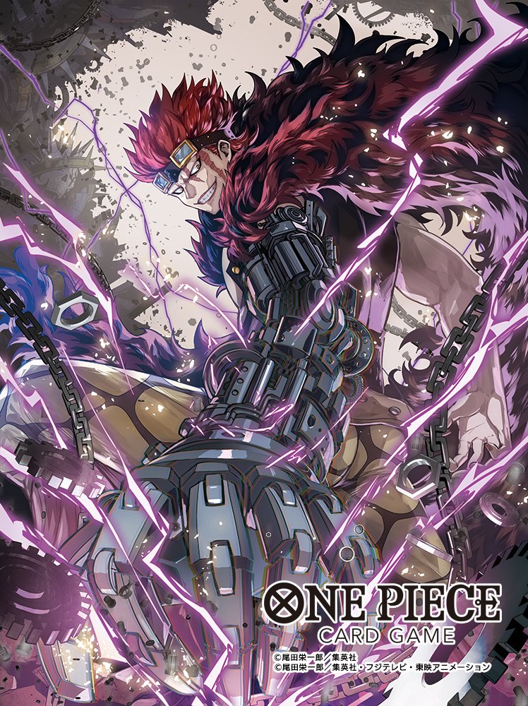 1boy cape chain commentary_request copyright_name electricity eustass_kid floating_clothes fur_cape goggles goggles_on_headwear looking_at_viewer male_focus mechanical_arms moreshan official_art one_piece one_piece_card_game profile red_cape red_hair scar scar_on_face short_hair single_mechanical_arm smile solo