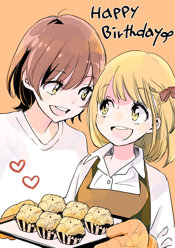 2girls asagao_to_kase-san birthday blonde_hair brown_hair couple cupcake food happy happy_birthday kase_tomoka medium_hair multiple_girls official_art oven_mitts short_hair simple_background smile takashima_hiromi yamada_yui yellow_eyes yuri