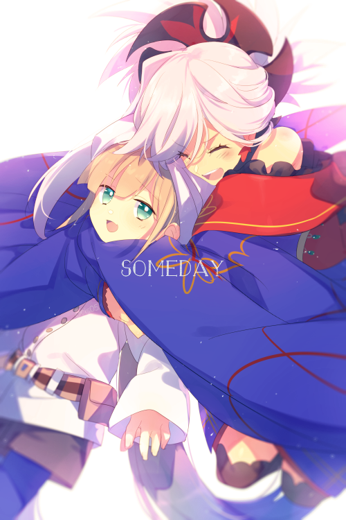 1boy 1girl bare_shoulders belt black_shorts blue_hair blue_kimono blue_pants blush captain_nemo_(fate) captain_nemo_(first_ascension)_(fate) child closed_eyes echo_(circa) fate/grand_order fate_(series) gradient_hair green_eyes hair_ornament hat hat_feather hug jacket japanese_clothes kimono light_brown_hair long_hair long_sleeves miyamoto_musashi_(fate) miyamoto_musashi_(third_ascension)_(fate) multicolored_hair nemo_(fate) off_shoulder open_mouth pants pink_hair ponytail shorts smile swept_bangs thighhighs thighs tight_clothes tight_pants turban two-tone_hair white_hat white_jacket wide_sleeves