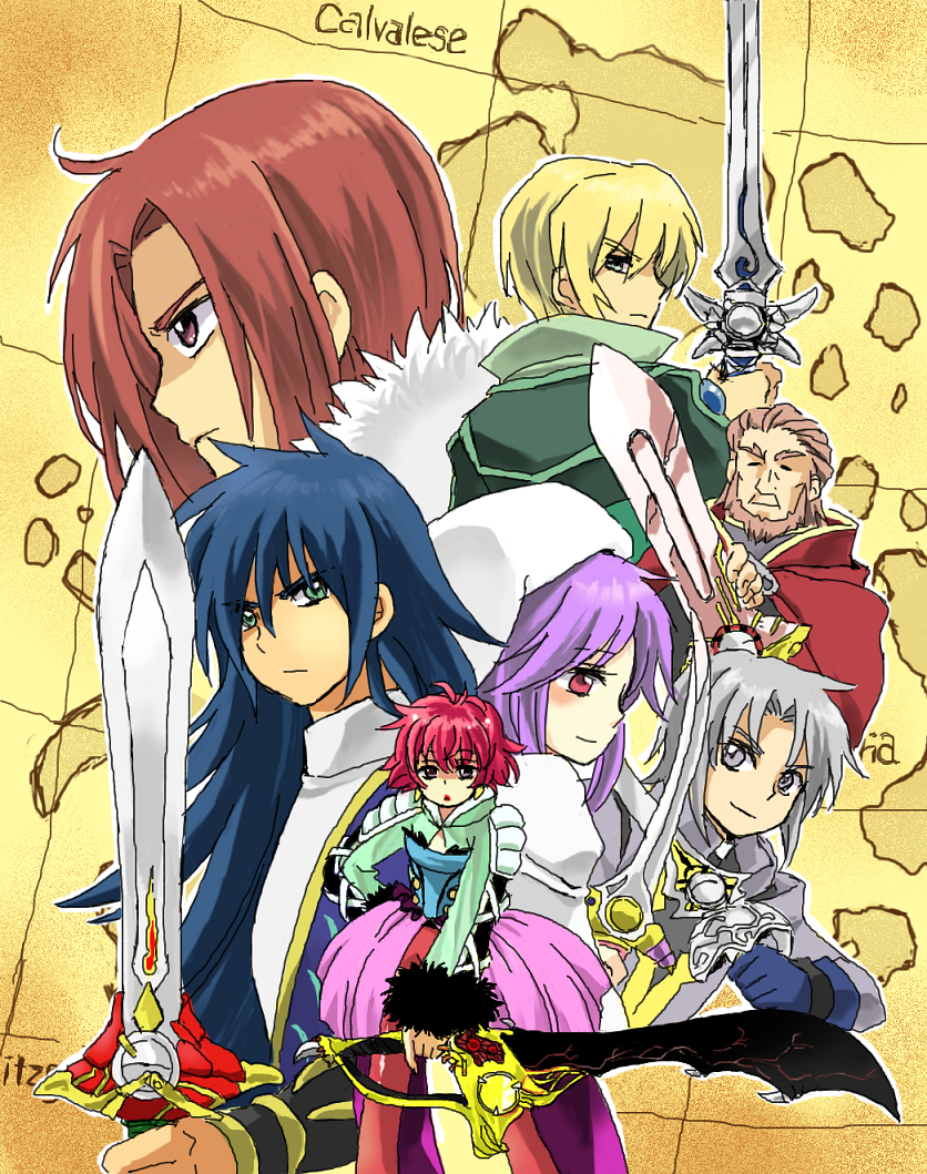 2girls 5boys aqua_eyes atwight_eks blonde_hair blue_hair breasts brown_hair closed_eyes dymlos_timber green_eyes grey_hair harold_berselius igtenos_minarde karell_berselius laville_clemente long_hair multiple_boys multiple_girls pierre_de_chaltier pink_eyes pink_hair purple_eyes purple_hair red_eyes red_hair short_hair tales_of_(series) tales_of_destiny tales_of_destiny_2
