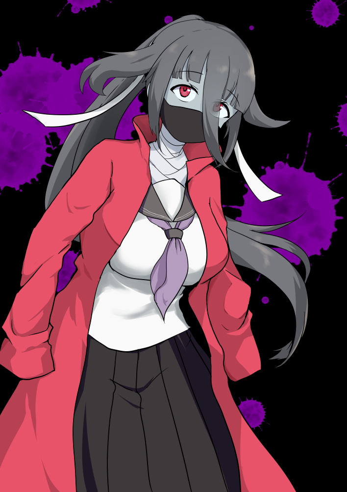 1girl bandages black_hair chamame coat colored_skin female_focus grey_skin hair_between_eyes long_hair looking_at_viewer mask mouth_mask red_eyes school_uniform serafuku solo splatter tokkoufuku yamada_tae zombie zombie_land_saga