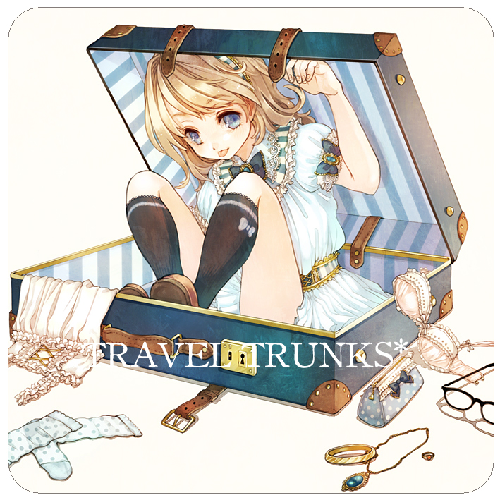 1girl :p bad_id bad_pixiv_id bag bangle belt black_socks blonde_hair blue_eyes bow bowtie bra unworn_bra bracelet buckle child dress unworn_eyewear female_focus glasses hand_up in_container jewelry unworn_jewelry kneehighs knees_apart_feet_together knees_up lingerie namari_iro necklace unworn_necklace original pendant puffy_short_sleeves puffy_sleeves ring rounded_corners shoes short_sleeves sitting socks unworn_socks solo striped suitcase text_focus tongue tongue_out trunk underwear wallet white_background white_dress