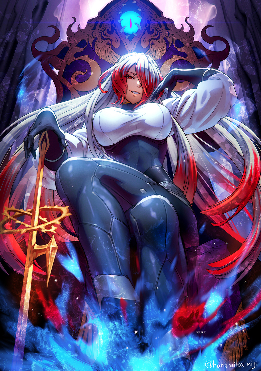 1girl asmodeus_(megido72) black_bodysuit black_gloves bodysuit boots breasts evil_smile glint gloves hair_over_one_eye highres hotaruika_niji impossible_clothes impossible_leotard large_breasts crossed_legs leotard long_hair looking_at_viewer megido72 multicolored_hair red_eyes red_hair silver_hair sitting skin_tight smile solo sword two-tone_hair very_long_hair weapon