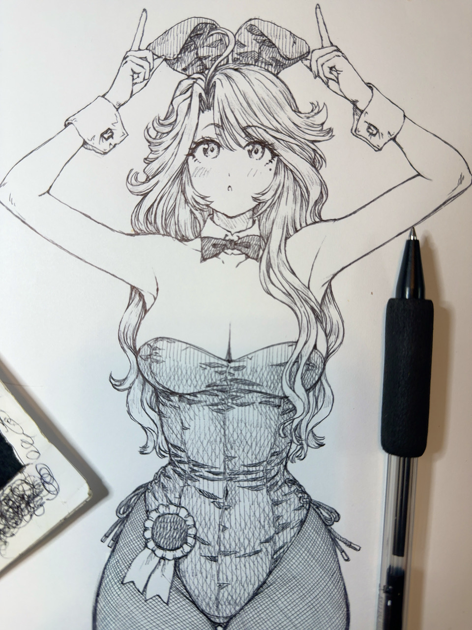 animal_ear_hairband animal_ears art_tools_in_frame ballpoint_pen_(medium) bare_shoulders bow bowtie breasts cleavage collarbone detached_collar fake_animal_ears fishnet_pantyhose fishnets hairband highres index_finger_raised leotard long_hair looking_up maguta monochrome original pantyhose pen_(medium) playboy_bunny rabbit_ears simple_background strapless strapless_leotard traditional_media