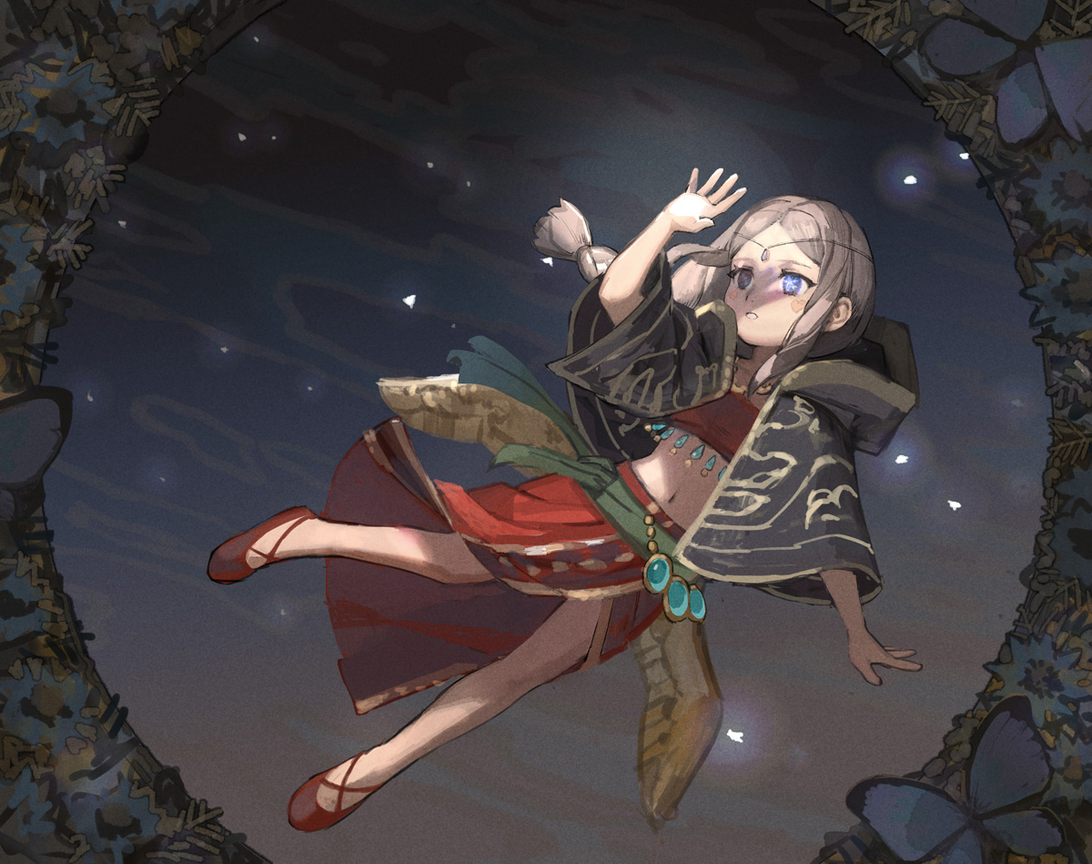 1girl arm_up bare_legs blue_eyes blush_stickers braid braided_ponytail full_body grey_hair hood hood_down lilim_(megido72) long_hair megido72 midriff navel parted_lips red_shoes sasumata_jirou shadow shoes solo symbol-shaped_pupils