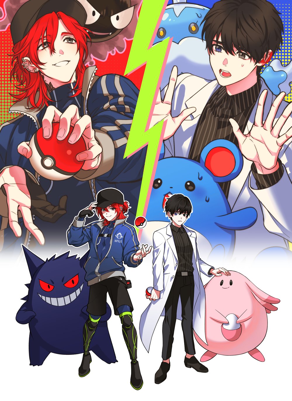 2boys baseball_cap black_footwear black_headwear black_pants black_shirt black_shorts blue_eyes blue_jacket chansey collared_shirt commentary_request crossover ear_piercing earrings eoduun_badaui_deungbul-i_doeeo full_body gastly gen_1_pokemon gen_2_pokemon gen_5_pokemon gengar grey_eyes hand_on_another&#039;s_head hands_up hat heterochromia highres holding holding_poke_ball jacket jellicent jellicent_(male) jewelry kim_jaehee korean_commentary lab_coat long_hair long_sleeves male_focus marill multiple_boys nintendo open_mouth padakpadak_88 pants park_moo-hyun piercing poke_ball poke_ball_(basic) pokemon pokemon_(creature) prosthesis prosthetic_fingers prosthetic_leg red_hair shirt shoes short_hair shorts smile standing striped_clothes striped_shirt vertical-striped_clothes vertical-striped_shirt