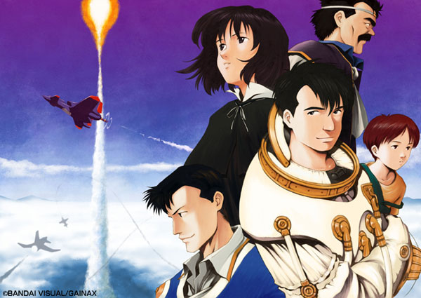 2girls 3boys aircraft airplane black_hair brown_eyes character_request facial_hair honneamise_no_tsubasa mana_nonderaiko multiple_boys multiple_girls riquinni_nonderaiko shirotsugh_lhadatt short_hair smoke spacesuit
