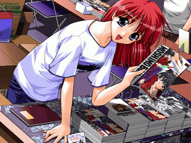 1girl :d bending blue_eyes book book_stack box convention denim freckles game_cg jeans looking_at_viewer manga_(object) medium_hair mitsumi_misato open_mouth pants pia_carrot_(series) pia_carrot_e_youkoso!!_2 red_hair shinohara_mikiko shirt smile table white_shirt