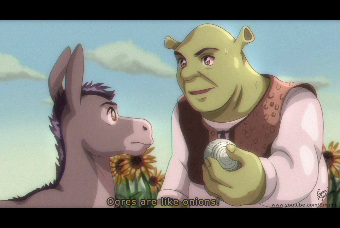 1990s_(style) 2boys animification artist_name bald blue_sky brown_eyes brown_vest commentary day donkey donkey_(shrek) emimi english_commentary english_text flower food holding holding_food letterboxed long_sleeves male_focus mike_myers multiple_boys onion open_mouth retro_artstyle shirt shrek shrek_(series) shrek_1 signature sky subtitled sunflower upper_body vest watermark web_address white_shirt