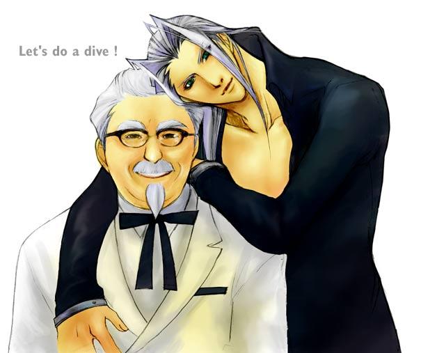 1990s_(style) 2boys beard bow bowtie colonel_sanders crossover english_text facial_hair final_fantasy final_fantasy_vii formal_clothes glasses green_eyes grey_hair kfc long_hair male_focus multiple_boys mustache retro_artstyle sephiroth shirt suit what white_hair