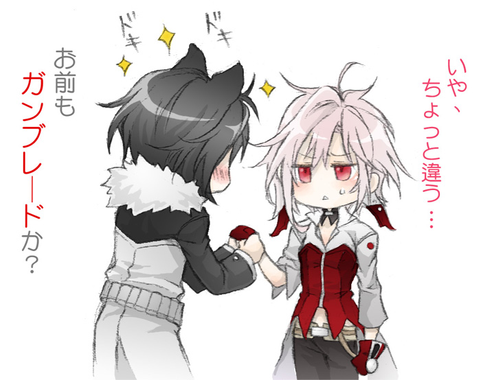 10s 1990s_(style) 1boy 1girl animal_ears belt black_hair blazefire_saber blush choker coat dissidia_012_final_fantasy dissidia_final_fantasy final_fantasy final_fantasy_viii final_fantasy_xiii fur_collar gloves gunbelt gunblade holding_hands hetero lightning_farron midriff navel pants personification petals pink_hair red_eyes shinzui_(fantasysky7) shirt short_hair squall_leonhart translation_request weapon