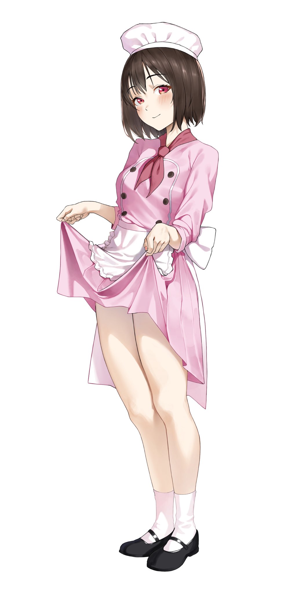 1girl apron bare_legs black_shoes blush brown_hair buttons close-up clothes_lift commission double-breasted dress frilled_apron frills hat highres light_smile looking_at_viewer mary_janes neckerchief osanai_yuki pink_dress red_eyes red_neckerchief saya_endo_(27) shoes short_hair shoushimin_series skeb_commission skirt skirt_lift smile socks solo waist_apron white_apron white_hat white_socks