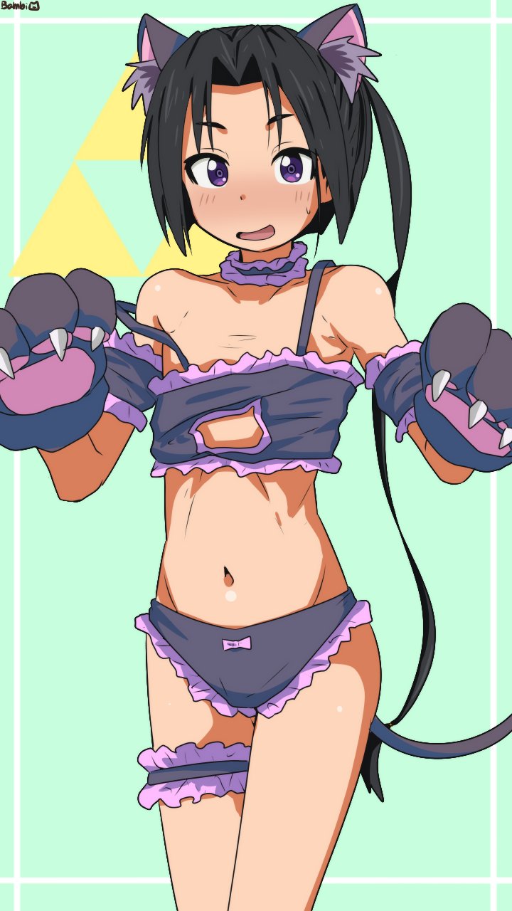 1boy alternate_costume animal_ear_fluff animal_ears animal_hands arm_garter artist_name bambi2000line black_hair blush border bow bow_panties bra cat_cutout cat_ears cat_lingerie cat_paws choker claw_pose claws clothing_cutout cosplay cowboy_shot embarrassed fake_animal_ears fake_claws fake_tail frilled_bra frilled_choker frilled_garter frilled_panties frilled_thigh_strap frills gloves green_background highres houjou_tokiyuki_(nige_jouzu_no_wakagimi) long_hair looking_at_viewer male_focus meme_attire mitsu_uroko navel nige_jouzu_no_wakagimi onii-chan_wa_oshimai! open_mouth outside_border oyama_mahiro_(cosplay) panties paw_gloves pink_trimmed_bra pink_trimmed_panties purple_bra purple_choker purple_eyes purple_panties simple_background small_sweatdrop solo standing stomach strap_slip tail thigh_strap trap trimmed_bra trimmed_panties underwear white_border