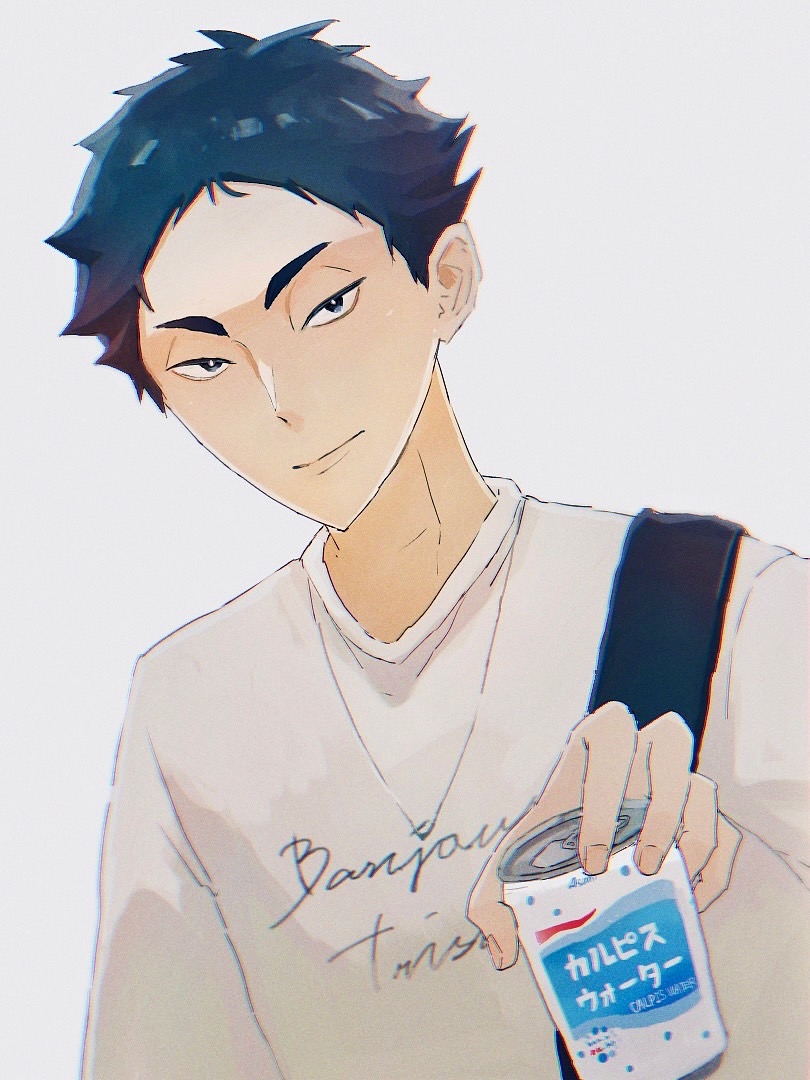 1boy akaashi_keiji black_eyes black_hair calpis can haikyuu!! hakobera_105 holding holding_can light_smile long_sleeves looking_at_viewer male_focus shirt short_hair simple_background solo upper_body white_background white_shirt