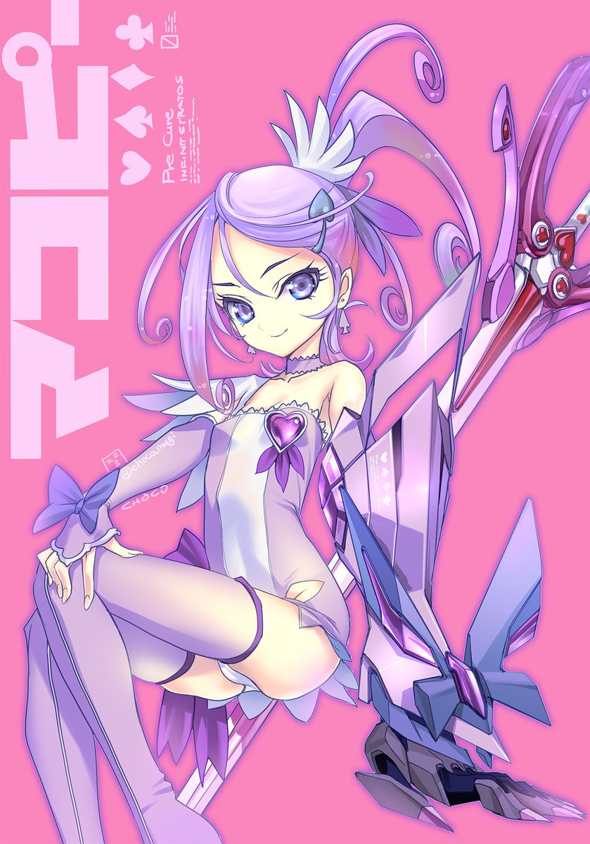 1girl arm_warmers bow brooch choco_(chocolate_shop) choker cure_sword dokidoki!_precure earrings hair_ornament heart heart_brooch high_ponytail highres jewelry kenzaki_makoto long_hair magical_girl panties ponytail precure purple_choker purple_eyes purple_footwear purple_hair purple_skirt skirt smile solo spade_(shape) spade_earrings spade_hair_ornament underwear waist_bow white_panties