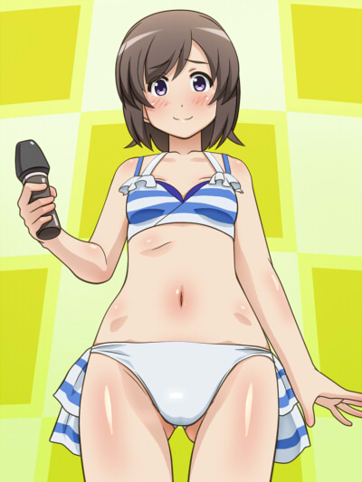 10s 1girl awa bikini blue_eyes blush brown_hair female_focus futsuu_no_joshikousei_ga_locodol_yattemita microphone short_hair smile solo striped_bikini striped_clothes swimsuit usami_nanako