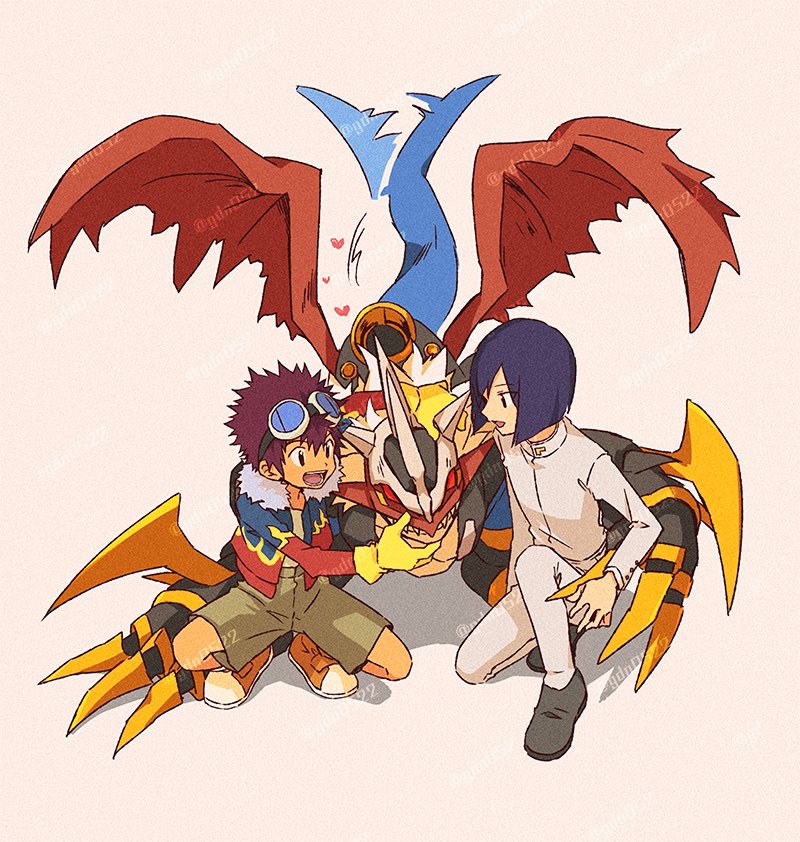 2boys blue_hair blue_jacket brown_hair brown_shorts digimon digimon_(creature) digimon_adventure_02 dragon fur-trimmed_jacket fur_trim gdn0522 goggles goggles_on_head group_picture imperialdramon imperialdramon_dragon_mode jacket multiple_boys open_clothes open_jacket pants red_jacket red_wings shorts squatting tail tail_wagging white_jacket white_pants wings