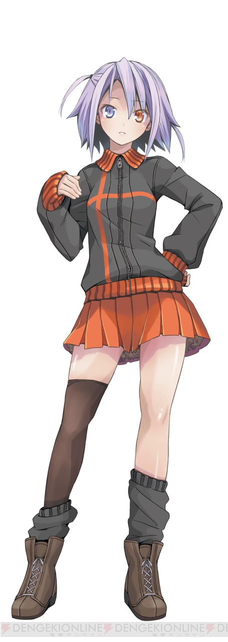 1girl asymmetrical_legwear boots dengeki female_focus hand_on_own_hip heterochromia highres long_sleeves looking_at_viewer loose_socks mismatched_legwear official_art one_side_up parted_lips pleated_skirt pop purple_eyes purple_hair red_eyes ring_dream short_hair single_thighhigh skirt socks solo thighhighs uneven_legwear urara_shizuku watermark