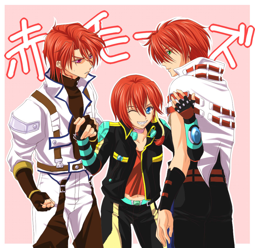 1girl 2boys annoyed axel_almer banpresto blue_eyes fiona_gureden folka_albark green_eyes grin multiple_boys one_eye_closed purple_eyes red_hair shiwa_(utaha) short_hair smile super_robot_wars super_robot_wars_advance super_robot_wars_advanced_portable super_robot_wars_compact_3 super_robot_wars_reversal wink