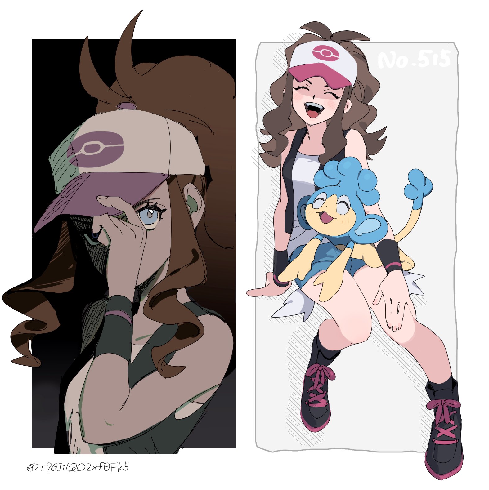 1girl :d antenna_hair baseball_cap black_footwear black_vest boots brown_hair closed_eyes commentary_request gen_5_pokemon hat highres hilda_(pokemon) long_hair miyage_no_nukegara multiple_views nintendo on_lap open_mouth panpour pokemon pokemon_(creature) pokemon_bw pokemon_on_lap shirt shorts sidelocks sleeveless sleeveless_shirt smile teeth tongue upper_teeth_only vest white_hat white_shirt
