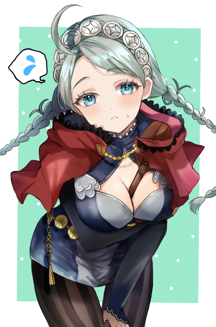 1girl ahoge black_bridal_gauntlets black_pantyhose blue_eyes border braid breasts bridal_gauntlets capelet cleavage commission commissioner_upload fire_emblem fire_emblem_fates flying_sweatdrops grey_hair hairband harness hood hooded_capelet long_hair looking_at_viewer low_twin_braids low_twintails medium_breasts nina_(fire_emblem) nintendo non-web_source o-ring o-ring_harness outside_border pantyhose parore parted_bangs red_hood skeb_commission solo spoken_flying_sweatdrops striped_clothes striped_pantyhose twin_braids twintails two-tone_pantyhose vertical-striped_clothes vertical-striped_pantyhose white_border