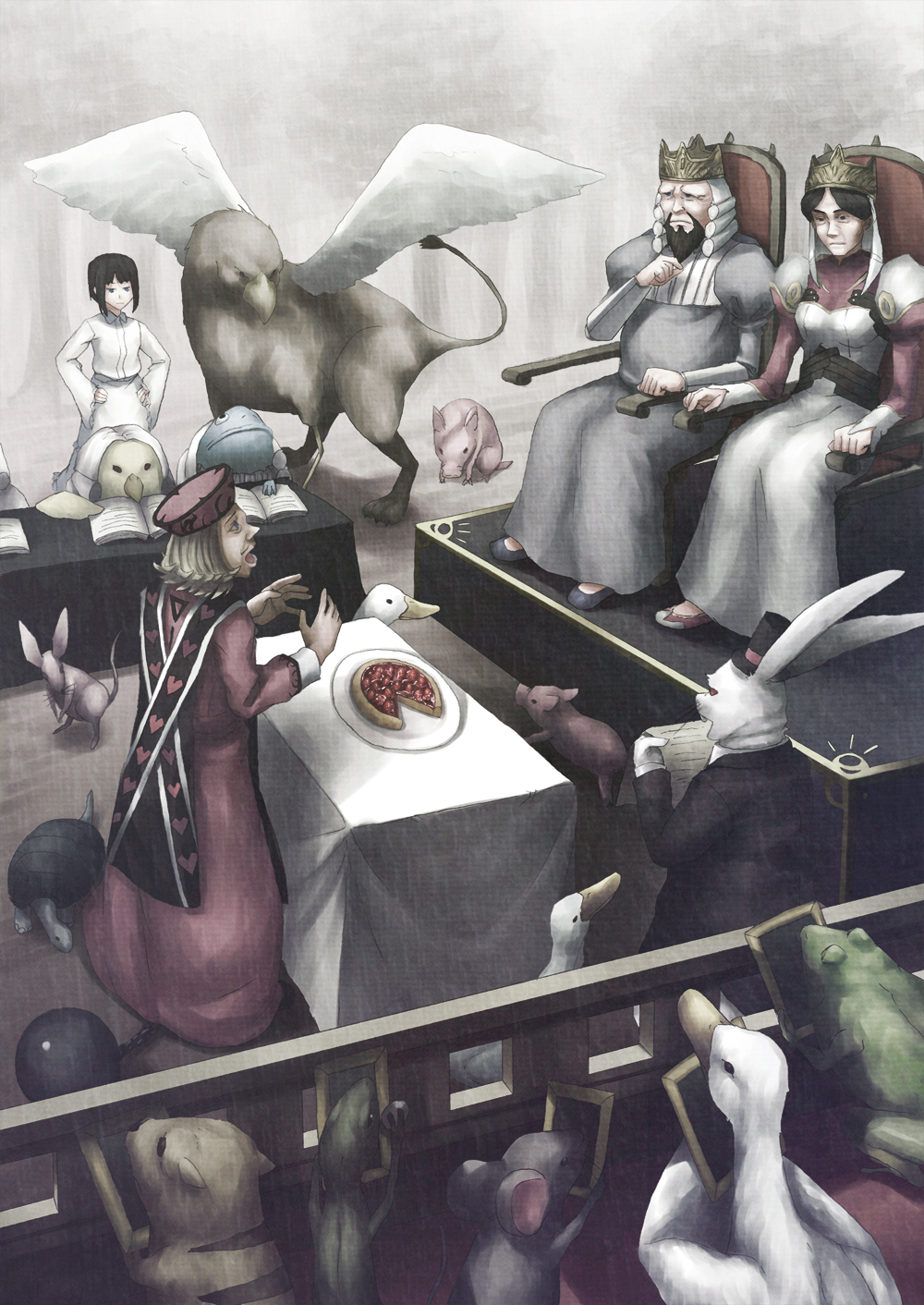 2boys 2girls alice_(alice_in_wonderland) alice&#039;s_adventures_in_wonderland bad_id bad_pixiv_id food griffin highres knave_of_hearts multiple_boys multiple_girls pastry queen_of_hearts_(alice_in_wonderland) shouhei tart_(food) trial white_rabbit_(alice_in_wonderland)