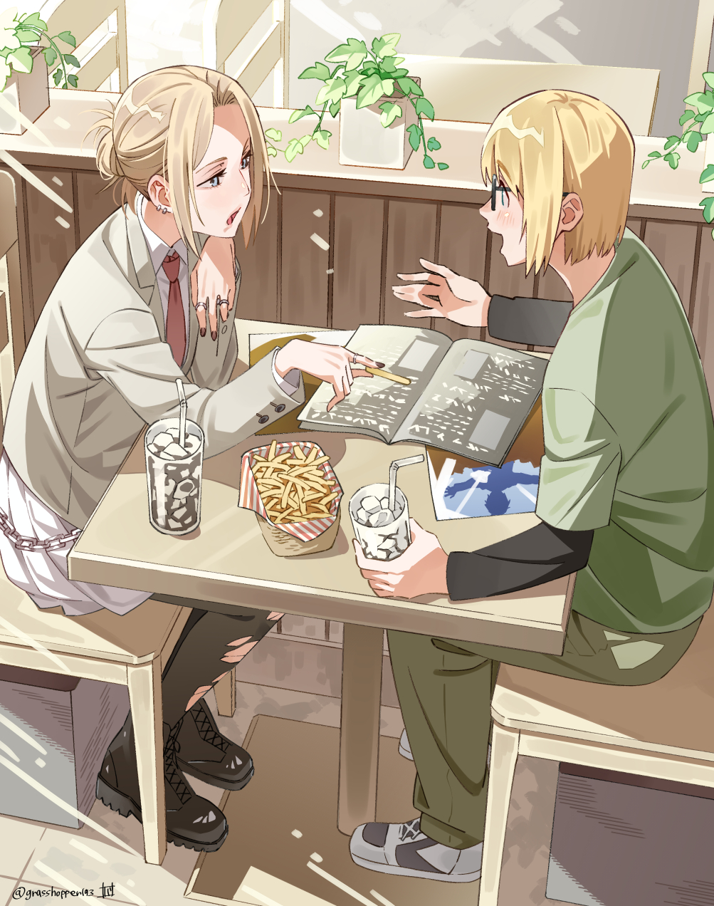 1boy 1girl annie_leonhart armin_arlert black_footwear black_pantyhose black_shirt blonde_hair blue_eyes boots brown_nails chain collared_shirt cup curtained_hair drinking_glass drinking_straw ear_piercing fingernails food french_fries full_body glasses grasshopper193 green_pants green_shirt grey_jacket hair_bun highres holding holding_food indoors jacket jewelry layered_sleeves long_sleeves nail_polish necktie on_chair open_mouth pants pantyhose piercing plant potted_plant red_necktie restaurant ring shingeki_no_kyojin shirt short_hair short_over_long_sleeves short_sleeves sitting skirt table torn_clothes torn_pantyhose white_footwear white_shirt white_skirt