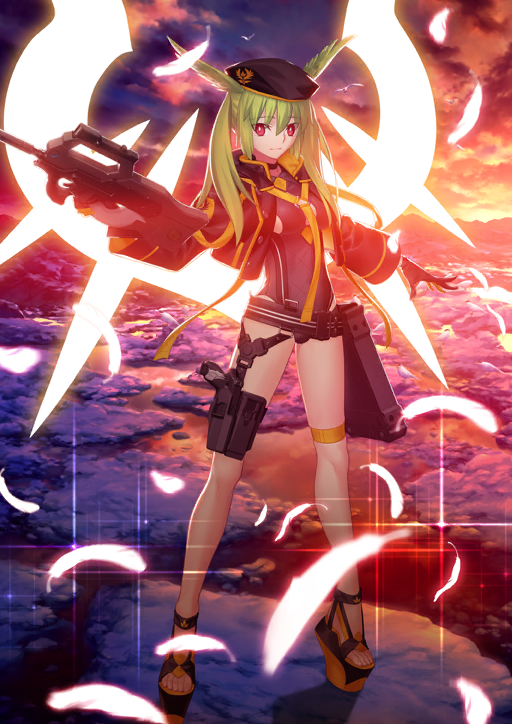1girl belt beret black_belt black_gloves black_hat black_jacket black_one-piece_swimsuit black_sandals breasts bright_pupils cleavage_cutout closed_mouth clothing_cutout cloud collared_jacket cropped_jacket falling_feathers fate/grand_order fate_(series) feathers full_body game_cg gloves glowing glowing_feather glowing_wings green_hair gun hair_between_eyes hair_wings hand_up hat holding holding_gun holding_weapon jacket large_variant_set legs_apart long_hair long_sleeves looking_at_viewer medium_breasts official_art olrun_(fate) one-piece_swimsuit open_clothes open_jacket outstretched_arms platform_sandals popped_collar pouch red_eyes sandals side_cutout sidelocks smile solo sparkle standing sunlight sunset swimsuit swimsuit_under_clothes takeuchi_takashi thigh_pouch thigh_strap third-party_source toes twintails valkyrie_(fate) variant_set weapon weapon_request white_pupils wings