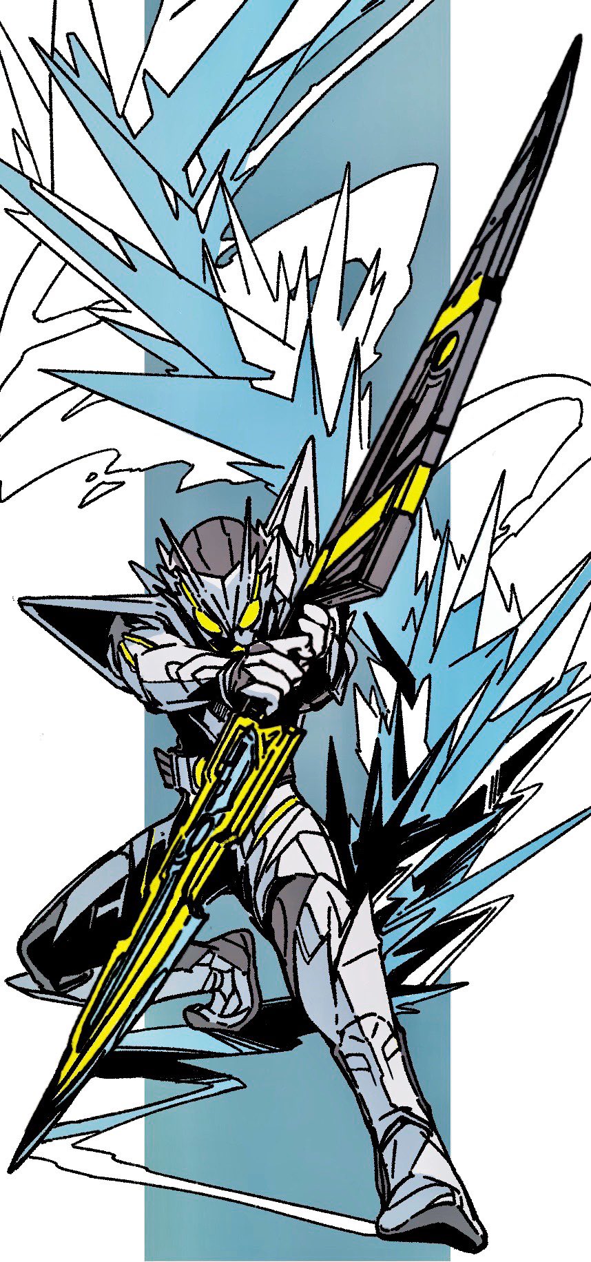 1boy antennae armor attache_calibur belt bug contrapposto rider_belt finishing_move full_body gloves glowing glowing_eyes grasshopper helmet highres insect kamen_rider kamen_rider_01_(series) kamen_rider_zero-one kneeling looking_at_viewer male_focus metalcluster_hopper power_armor progrise_hopper_blade reverse_grip rider_belt solo thighs tokusatsu twin_blades weapon y_a_m_a_y_a