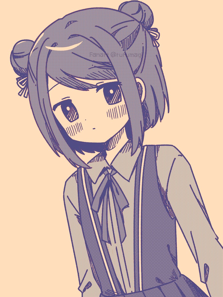 1girl bow bowtie bright_pupils closed_mouth collared_shirt cowboy_shot dot_nose double_bun dress hair_bun hair_ribbon highres kuroe_(madoka_magica) light_blush light_frown limited_palette long_sleeves looking_at_viewer magia_record:_mahou_shoujo_madoka_magica_gaiden mahou_shoujo_madoka_magica pleated_dress ribbon ruru_(rurumagi) school_uniform shirt short_hair simple_background sleeveless sleeveless_dress solo tareme twitter_username watermark yellow_background