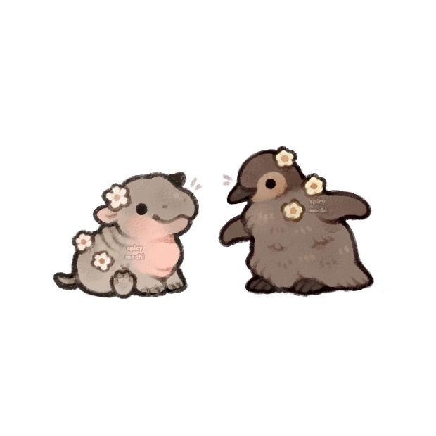 :3 animal animal_focus artist_name bird closed_mouth commentary english_commentary eye_contact flower full_body hippopotamus looking_at_another moo_deng no_humans original outstretched_arms penguin pesto_the_penguin simple_background sitting spicymochi white_background white_flower