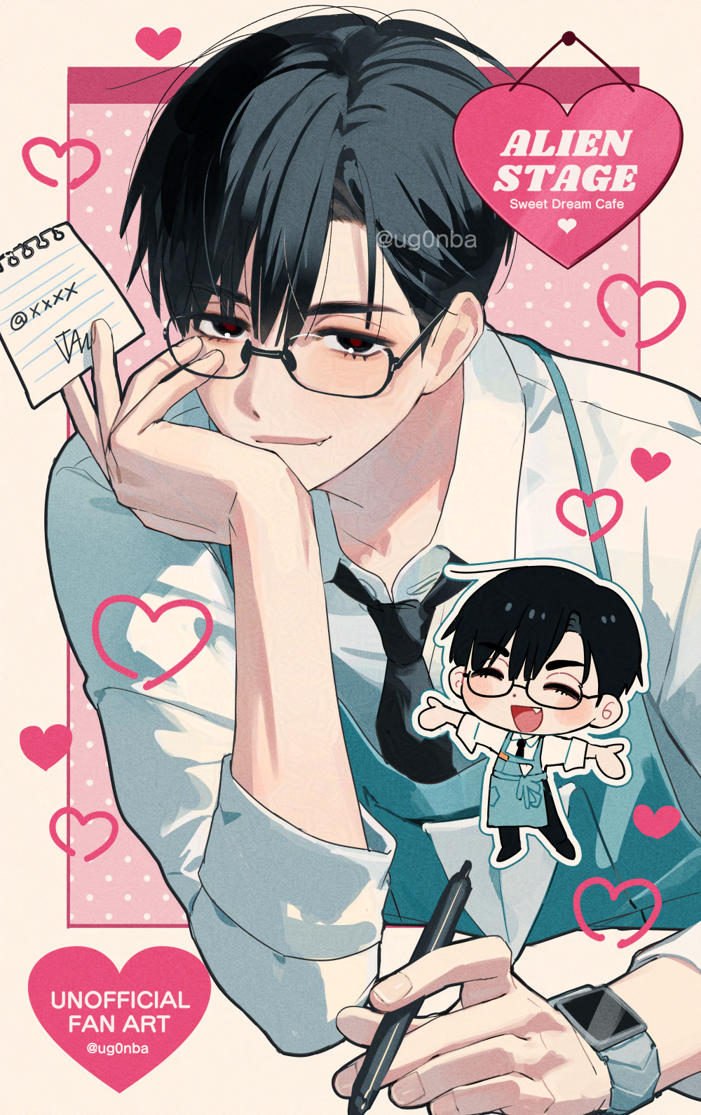 1boy alien_stage apron artist_name black_eyes black_hair black_necktie blue_apron chibi closed_mouth collared_shirt commentary_request copyright_name fang glasses heart highres holding holding_paper holding_pen ivan_(alien_stage) male_focus necktie official_alternate_costume open_mouth paper pen pink_background red_pupils shirt smile solo ugonba_(howatoro) white_shirt