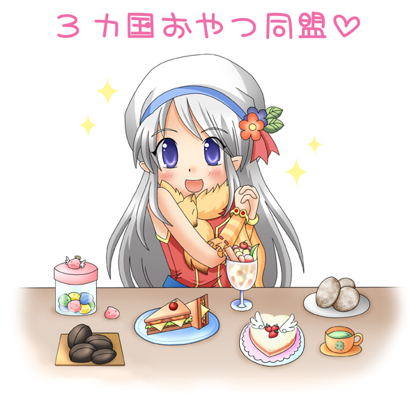 1girl :d angeling animal animal_around_neck blush cake candy commentary_request cup dress drops_(ragnarok_online) flower food fox grey_hair hat hat_flower hat_ornament leaf_hat_ornament long_hair marin_(ragnarok_online) meruya_(catcan) open_mouth own_hands_together parfait plate pointy_ears poporing poring professor_(ragnarok_online) purple_eyes ragnarok_online red_dress red_flower sandwich saucer simple_background sleeveless sleeveless_dress smile solo tam_(ragnarok_online) tea teacup translation_request upper_body white_background white_hat