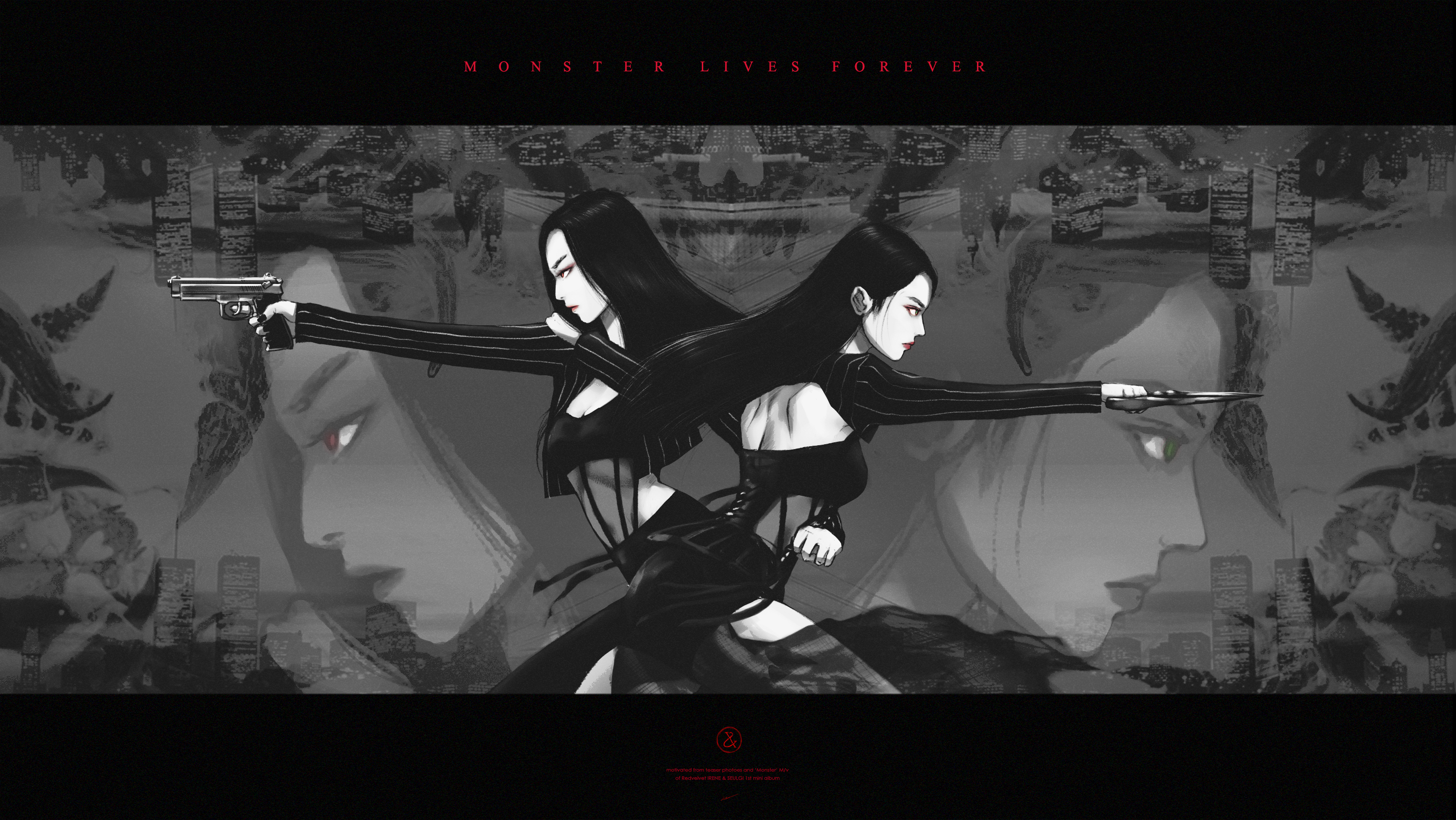 2girls black_hair closed_mouth commentary greyscale gun highres holding holding_gun holding_weapon irene_(red_velvet) k-pop letterboxed long_hair long_sleeves monochrome monster_(red_velvet) multiple_girls multiple_views profile real_life red_eyes red_velvet_(group) seulgi_(red_velvet) sin_daybreak weapon