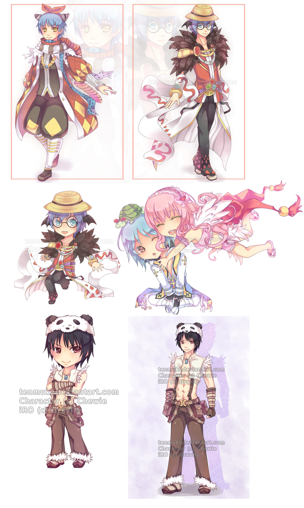 2girls 3boys animal_ears arch_bishop_(ragnarok_online) argyle_cape argyle_clothes argyle_coat argyle_pants baggy_pants belt_pouch bikini black-framed_eyewear black_gloves black_hair black_pants black_scarf black_shoes black_vest blue_coat blue_eyes blue_hair blue_scarf blush breasts brown_hat cape cat_ears chibi chibi_inset closed_eyes coat commentary commission crop_top cropped_jacket crossdressing detached_sleeves english_commentary fake_animal_ears feathered_wings fingerless_gloves flat_chest frilled_hairband frills full_body fur-trimmed_pants fur-trimmed_shirt fur_collar fur_trim glasses gloves hairband hat highres hug jacket juliet_sleeves long_hair long_sleeves medium_breasts minstrel_(ragnarok_online) multiple_boys multiple_girls open_clothes open_mouth open_shirt panda_hat pants pink_bikini pink_hairband polka_dot polka_dot_scarf pouch puffy_sleeves ragnarok_online red_coat red_eyes red_scarf red_shirt reverse_trap scarf shirt shoes short_hair simple_background sleeveless sleeveless_shirt smile sorcerer_(ragnarok_online) striped_clothes striped_scarf suspenders swimsuit tackle tenmuki turtle vest waist_cape wanderer_(ragnarok_online) white_background white_cape white_jacket white_pants white_scarf white_shirt white_shoes white_sleeves white_wings whitesmith_(ragnarok_online) wings yellow_eyes