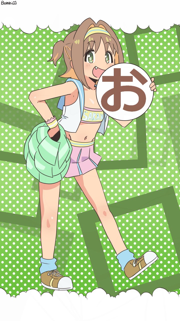 1girl :d artist_name bambi2000line bare_arms bare_legs brown_hair cheerleader colored_inner_hair commentary diamond-shaped_pupils diamond_(shape) fang flat_chest full_body green_background green_eyes groin hair_intakes highres holding holding_pom_poms looking_at_viewer midriff miniskirt multicolored_hair navel official_alternate_costume oka_asahi onii-chan_wa_oshimai! open_mouth orange_hair pink_skirt pleated_skirt polka_dot polka_dot_background pom_pom_(cheerleading) pom_poms shoes short_hair simple_background skirt smile solo standing strapless symbol-shaped_pupils translation_request tube_top two-tone_hair two_side_up wristband